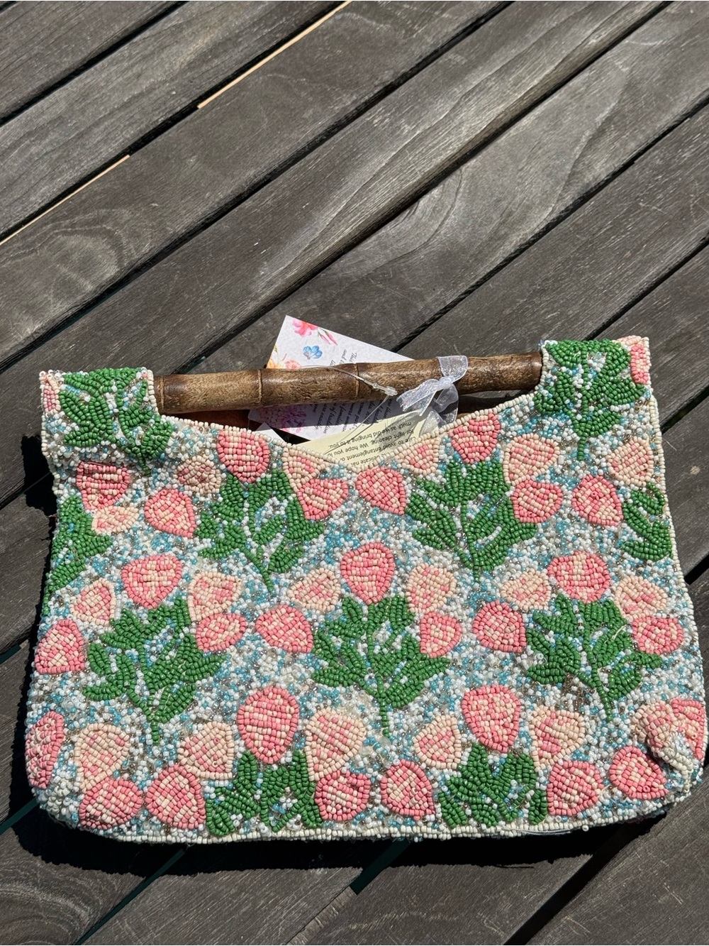 NWT Made in India Strawberry Pink Blue Green Wooden Handles Beaded Bag